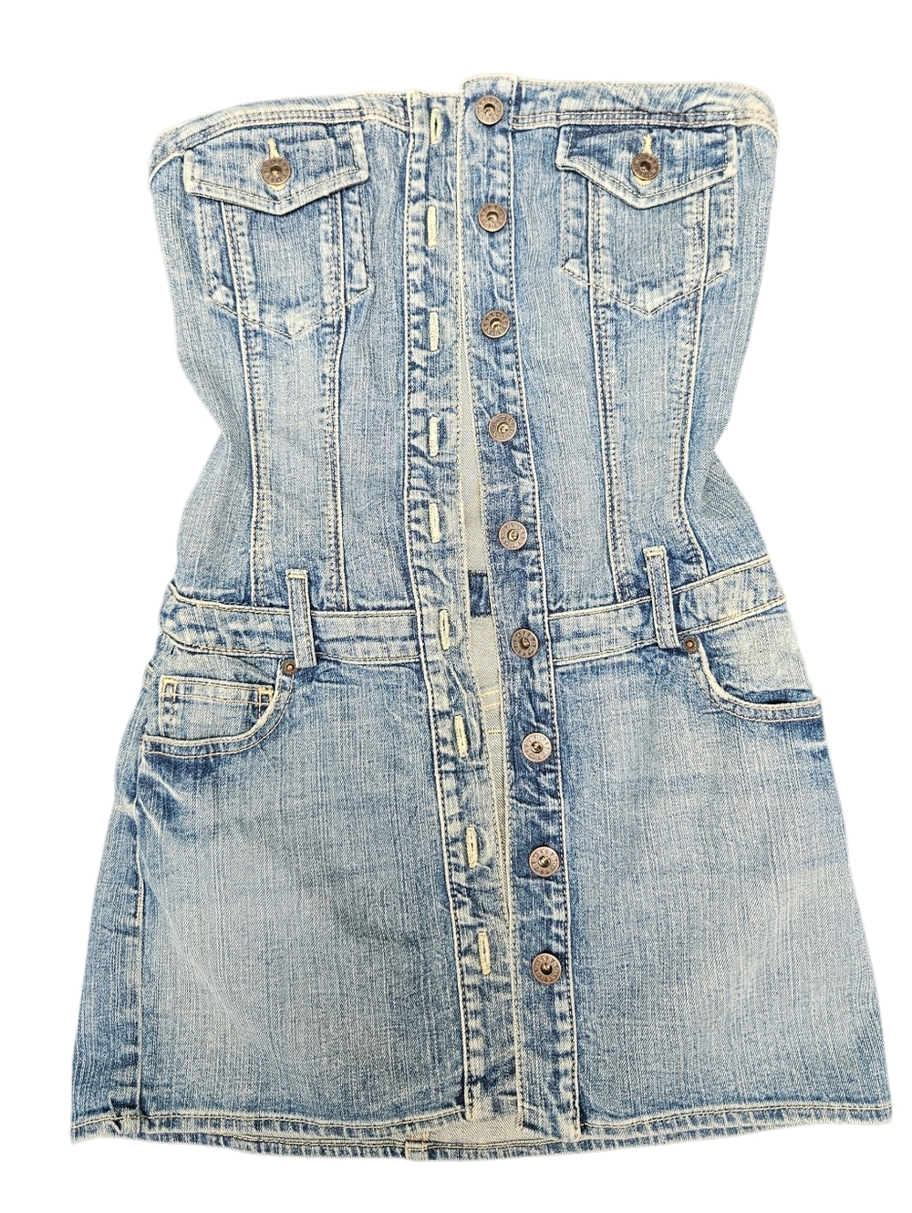 Y2K Guess Jeans Button-Front Strapless Denim Mini Dress Vintage Wash Strech XS